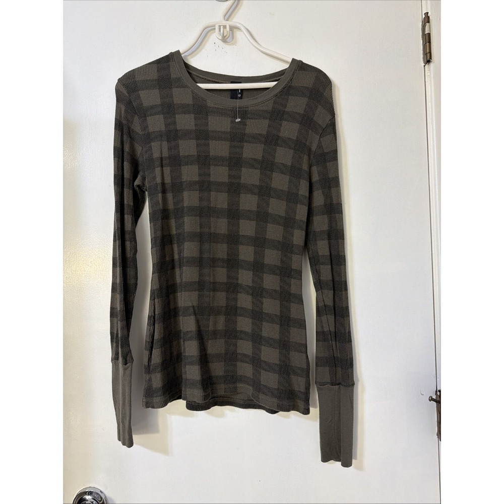 Bobi Revolve Crew Neck Long Sleeve Waffle Knit Top Green Check  Sz L